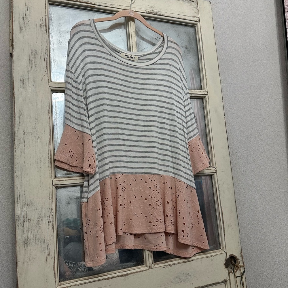 Gray and White Asymmetrical Blouse with Relaxed Fit